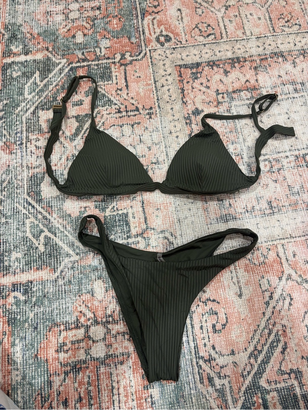 Vitamin A Ribbed Triangle Bikini Set in Olive